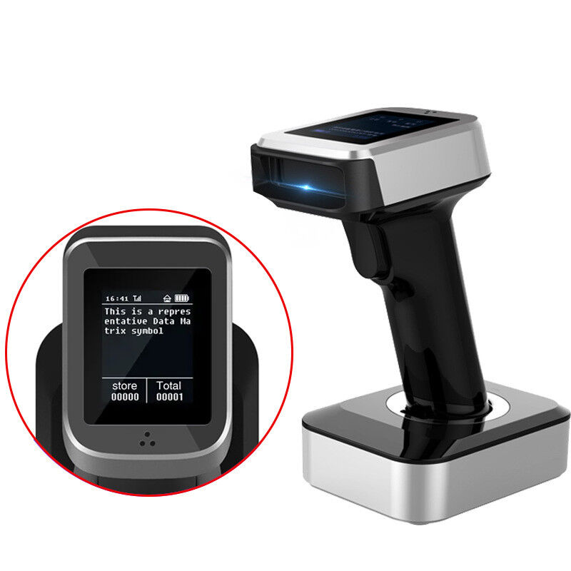 2D Handheld Bar Code Reader Cordless Automatic Barcode Scanner Black With Screen Display