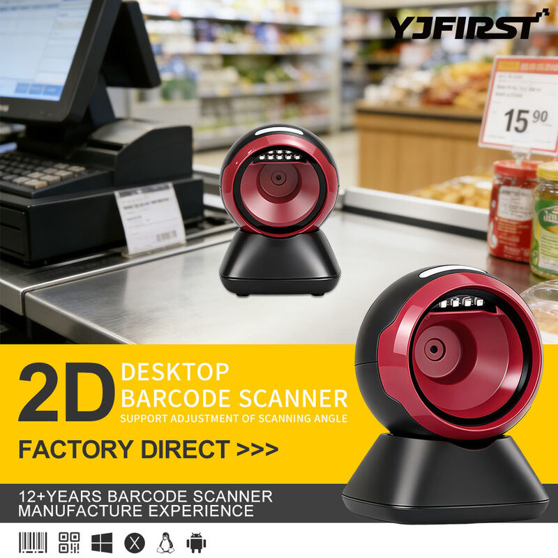 YJFIRST YJ-8010Q Hands-Free 2D QR Code Reader Omnidirectional Auto Sense Desktop Barcode Scanner Manufacturer Direct