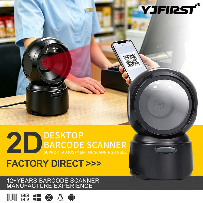 Large Window Desktop Scanner YJFIRST Omnidirectional 2D Barcode & QR Code Reader for Retail & Supermarket