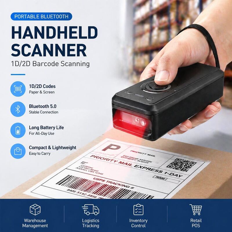 Portable Bluetooth Hand Scanner Wireless Barcode Scanner Reader for POS Inventory & Barcode Verify